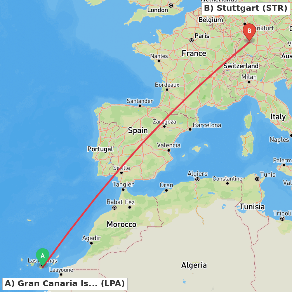 Flight route map from Gran Canaria Island to Stuttgart