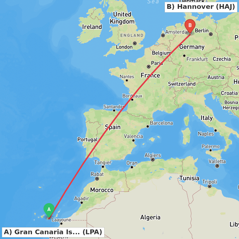 Flight route map from Gran Canaria Island to Hannover