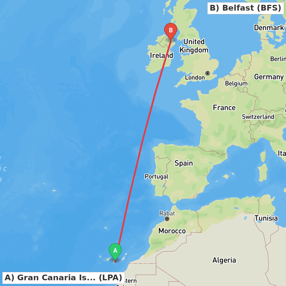 Flight route map from Gran Canaria Island to Belfast