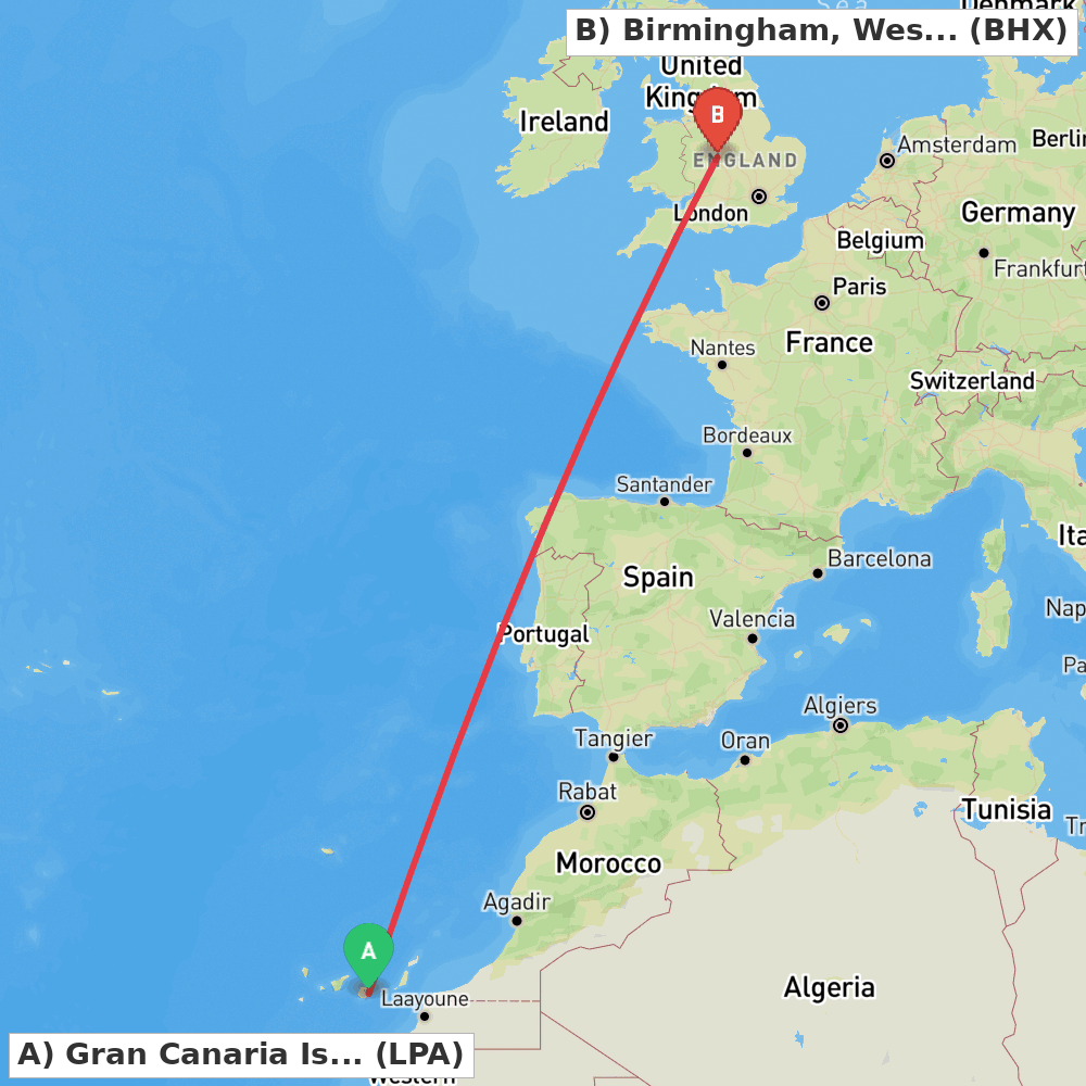 Flight route map from Gran Canaria Island to Birmingham, West Midlands