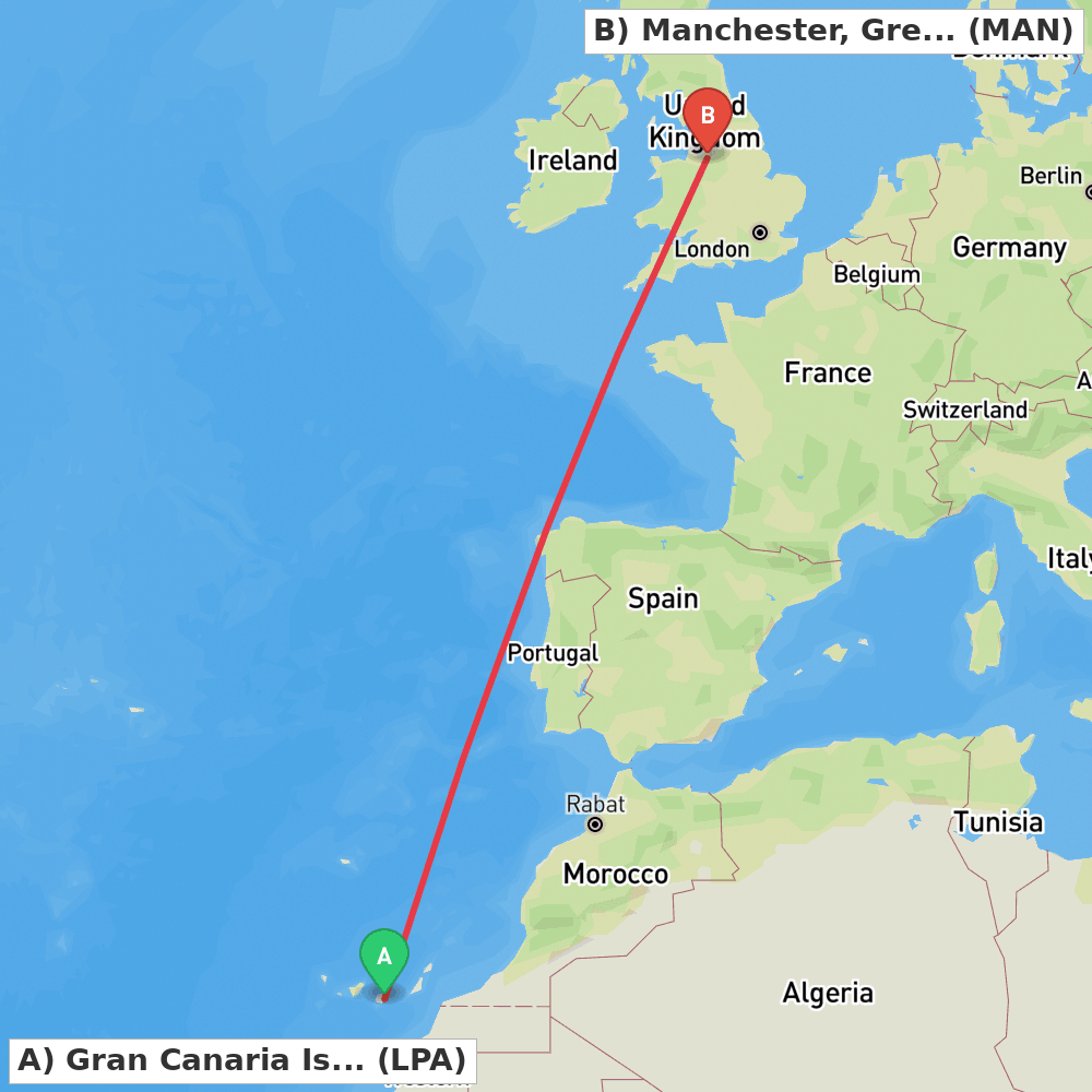 Flight route map from Gran Canaria Island to Manchester, Greater Manchester