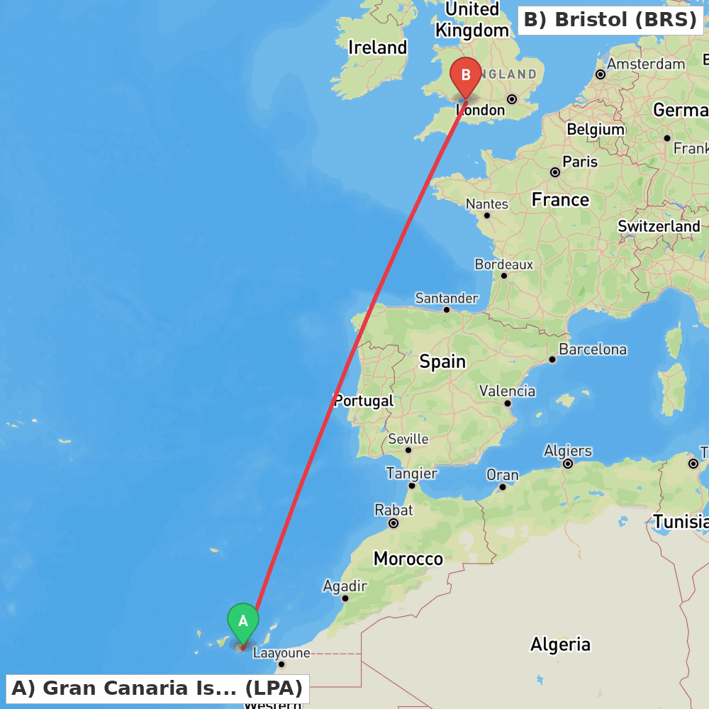 Flight route map from Gran Canaria Island to Bristol