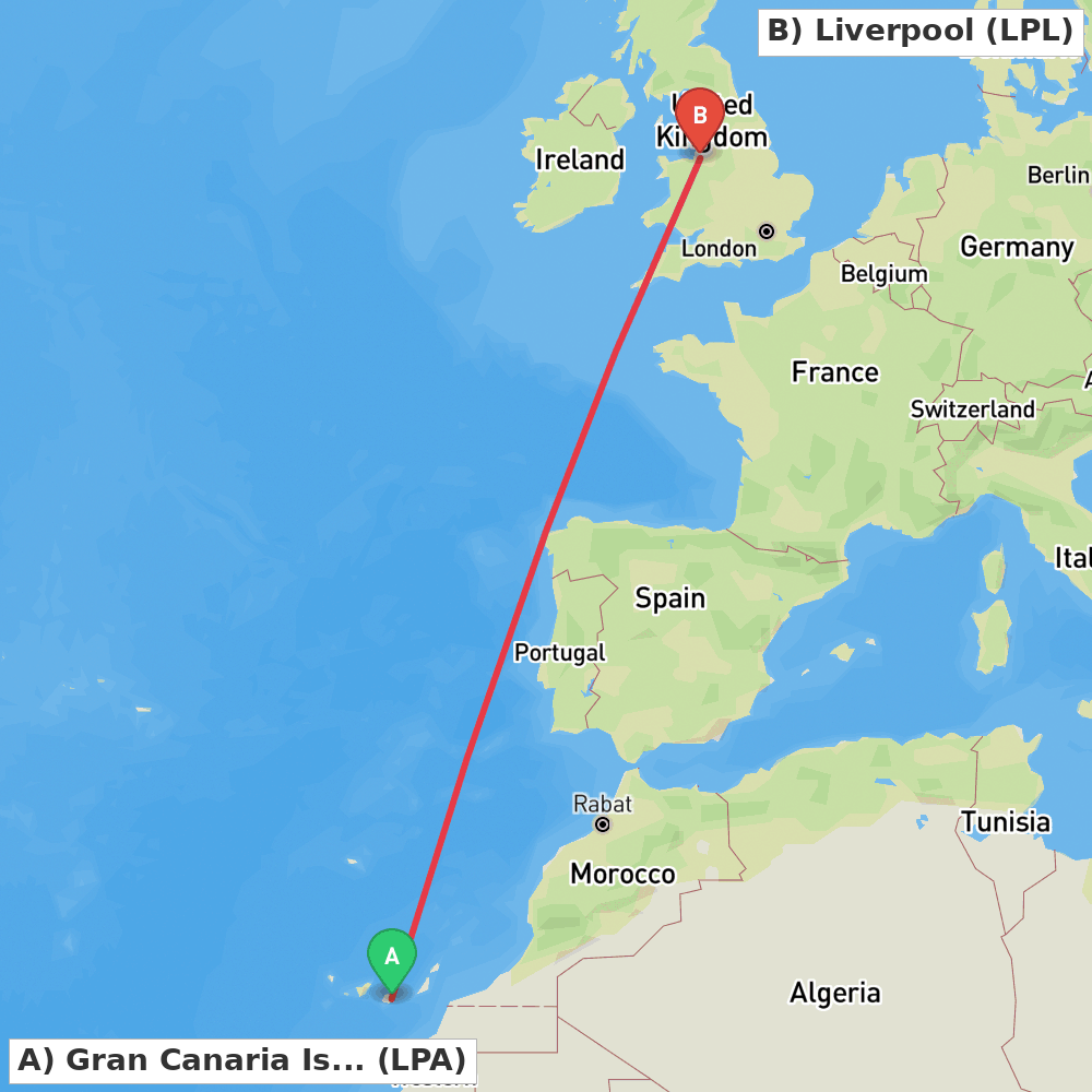 Flight route map from Gran Canaria Island to Liverpool