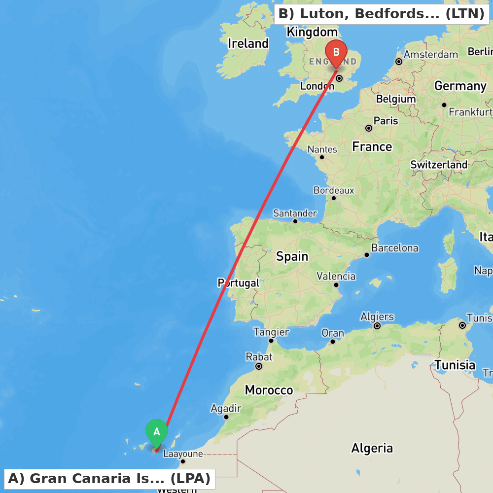 Flight route map from Gran Canaria Island to Luton, Bedfordshire