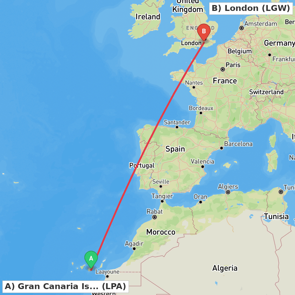 Flight route map from Gran Canaria Island to London