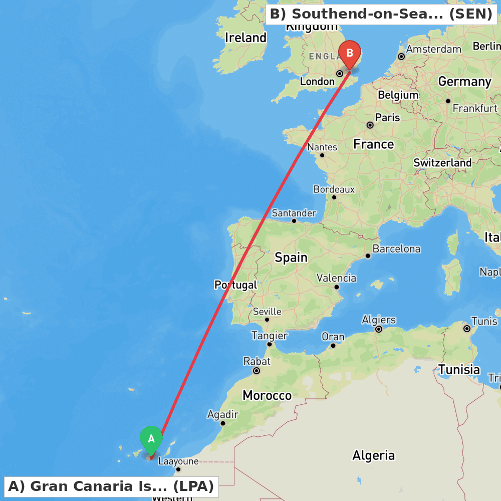 Flight route map from Gran Canaria Island to Southend-on-Sea, Essex