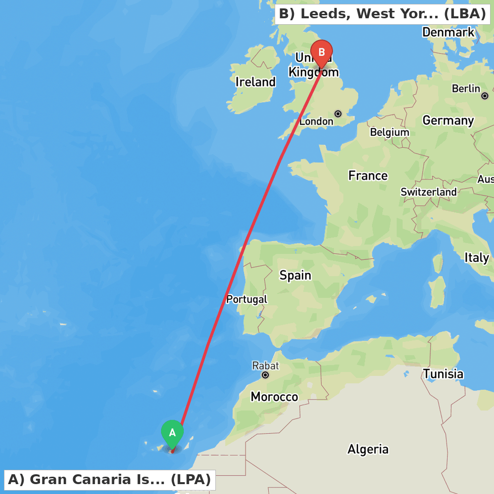 Flight route map from Gran Canaria Island to Leeds, West Yorkshire