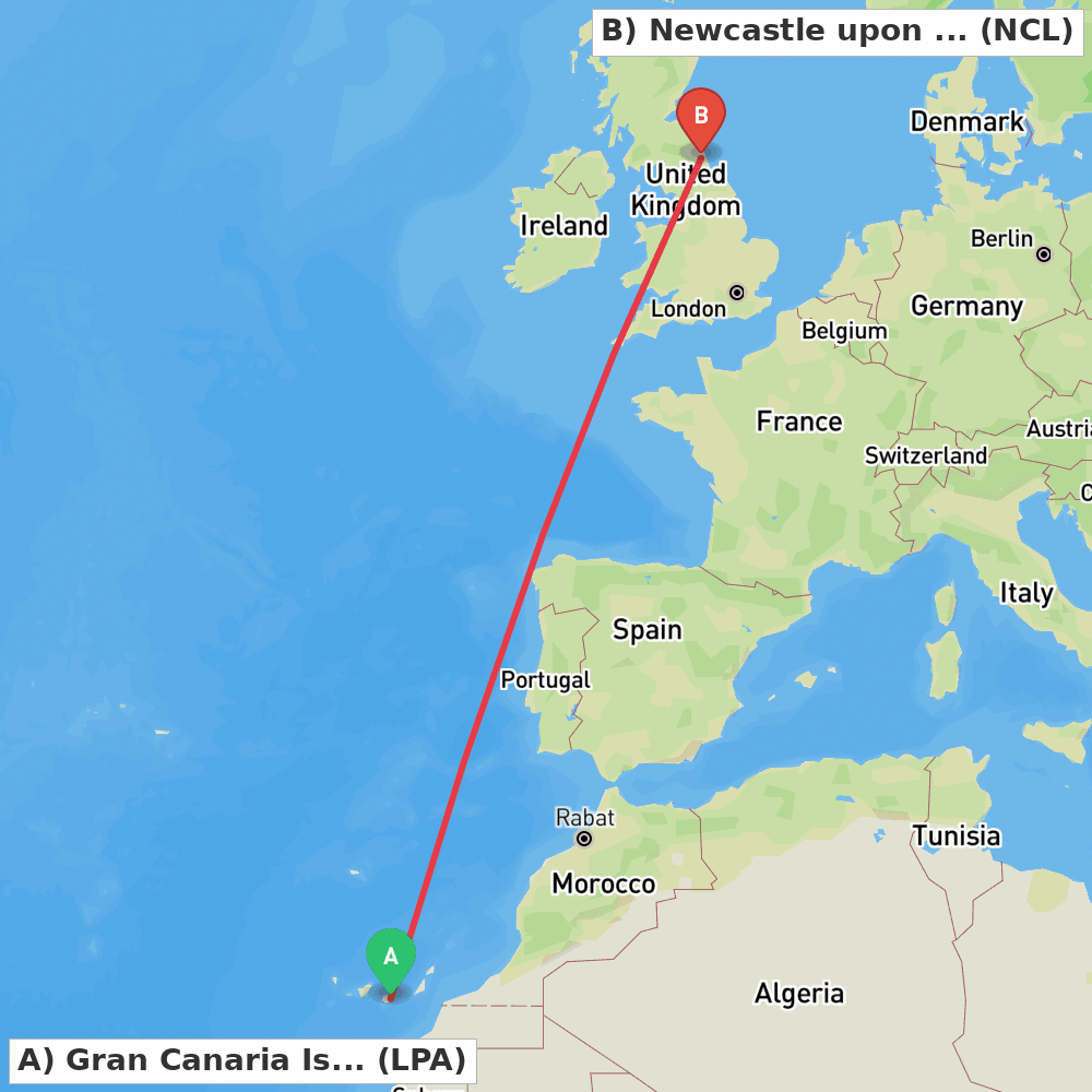 Flight route map from Gran Canaria Island to Newcastle upon Tyne, Tyne and Wear