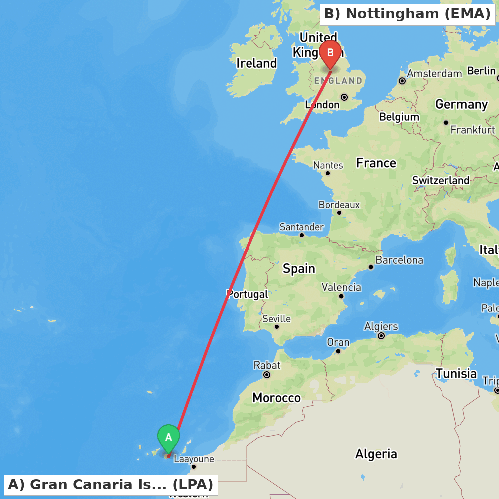 Flight route map from Gran Canaria Island to Nottingham