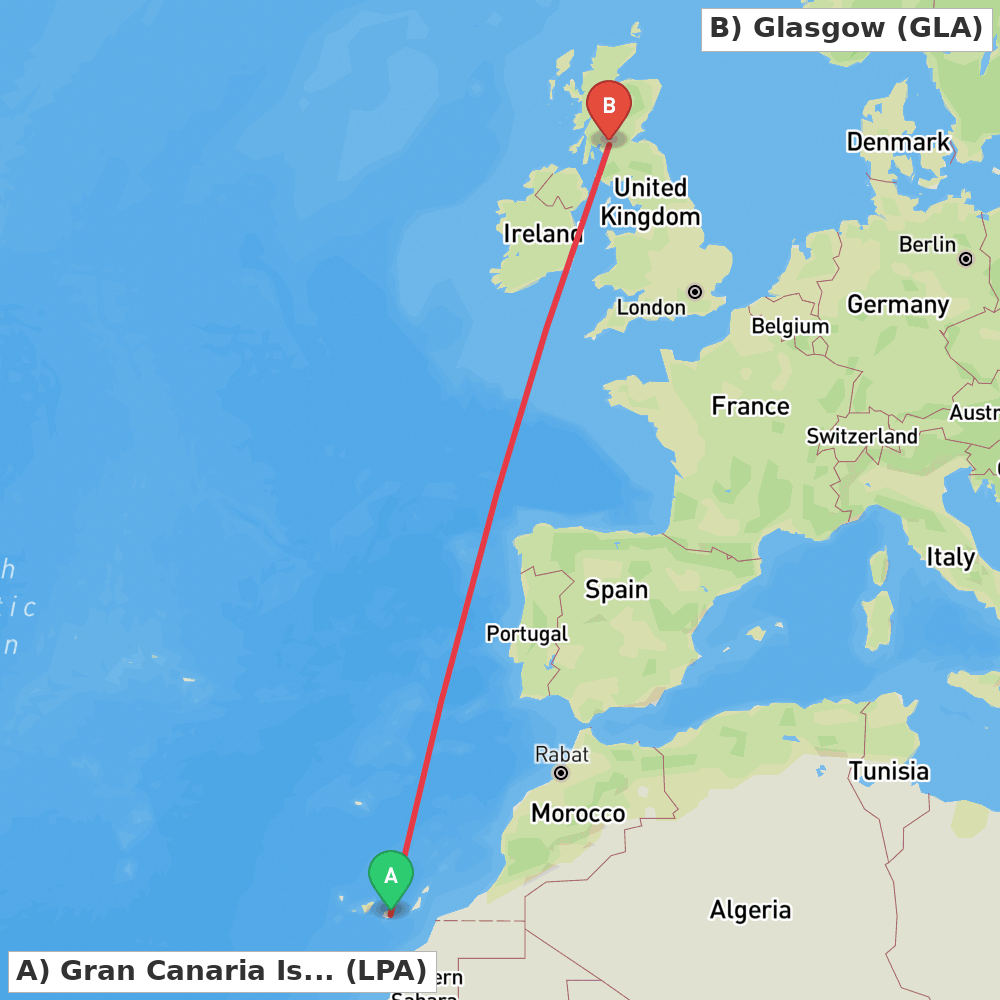 Flight route map from Gran Canaria Island to Glasgow