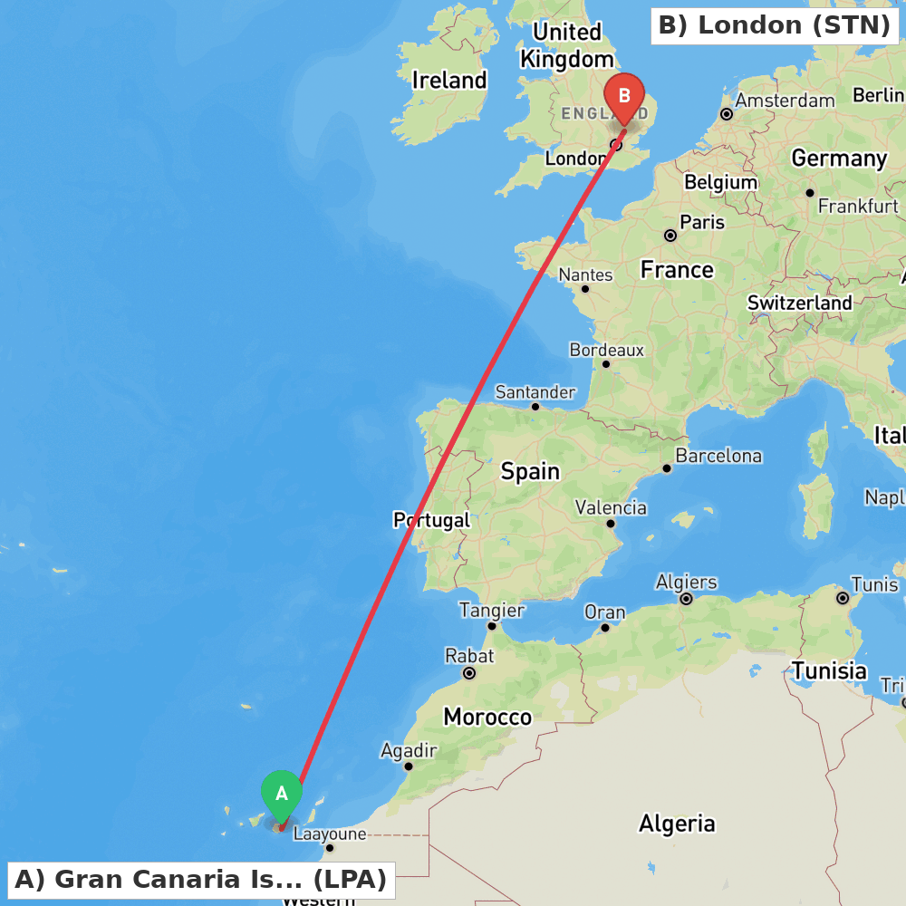 Flight route map from Gran Canaria Island to London