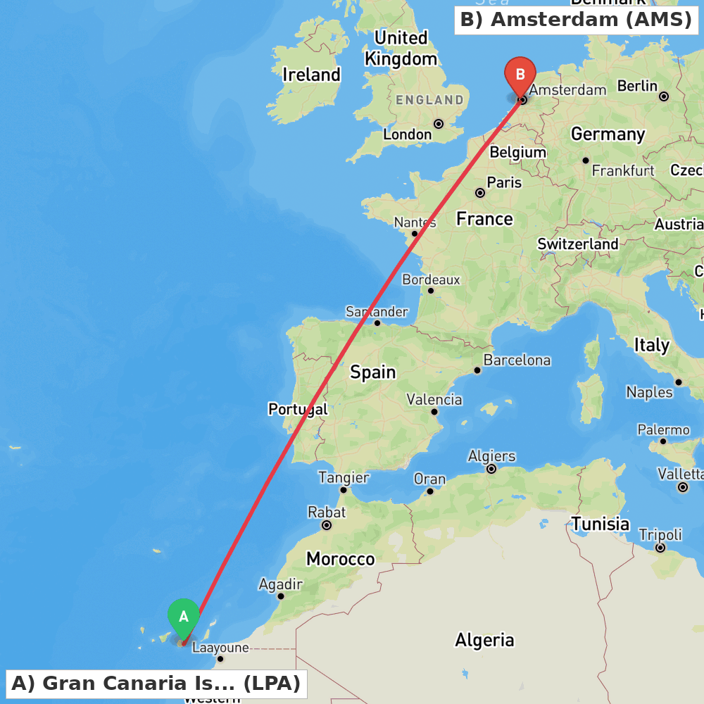 Flight route map from Gran Canaria Island to Amsterdam