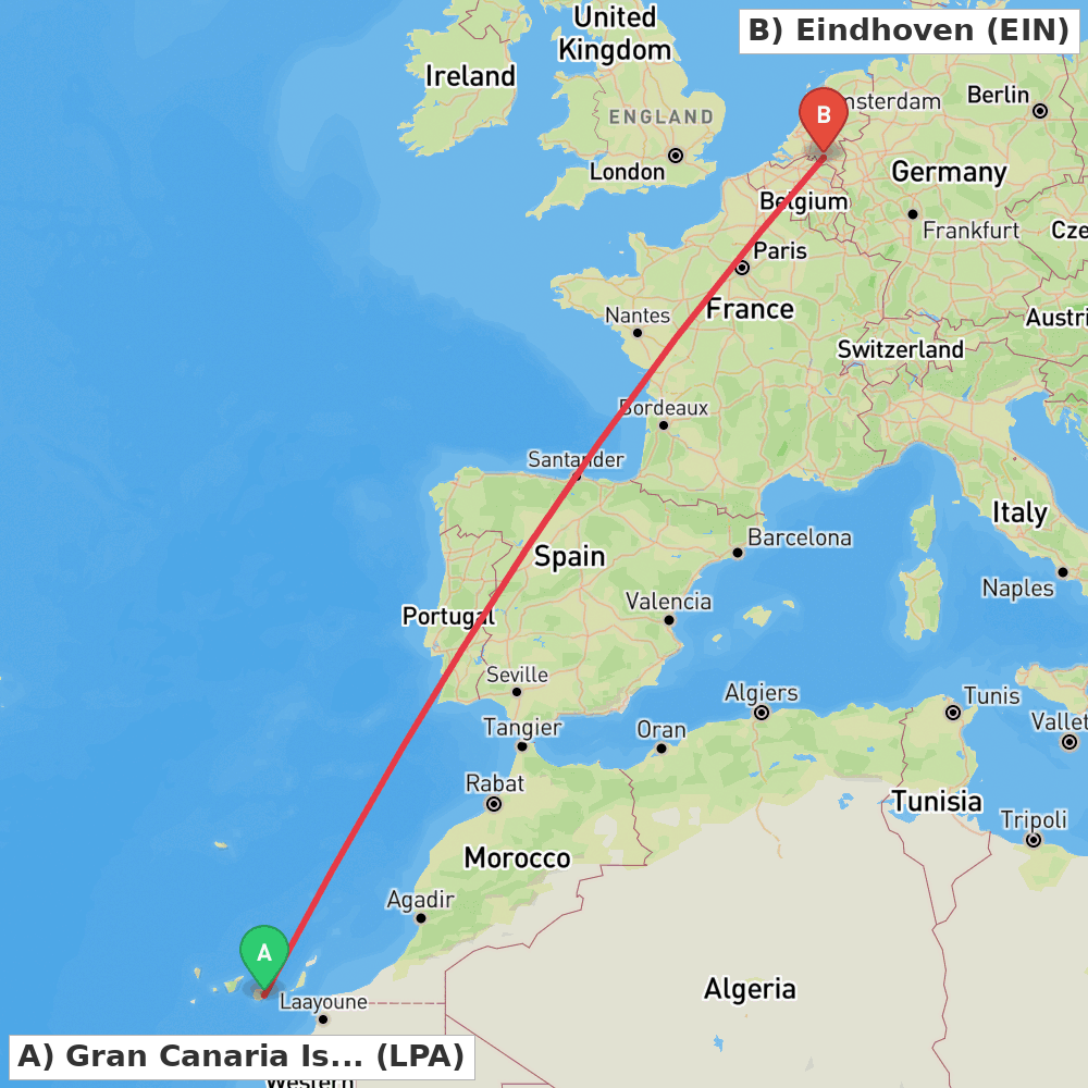 Flight route map from Gran Canaria Island to Eindhoven