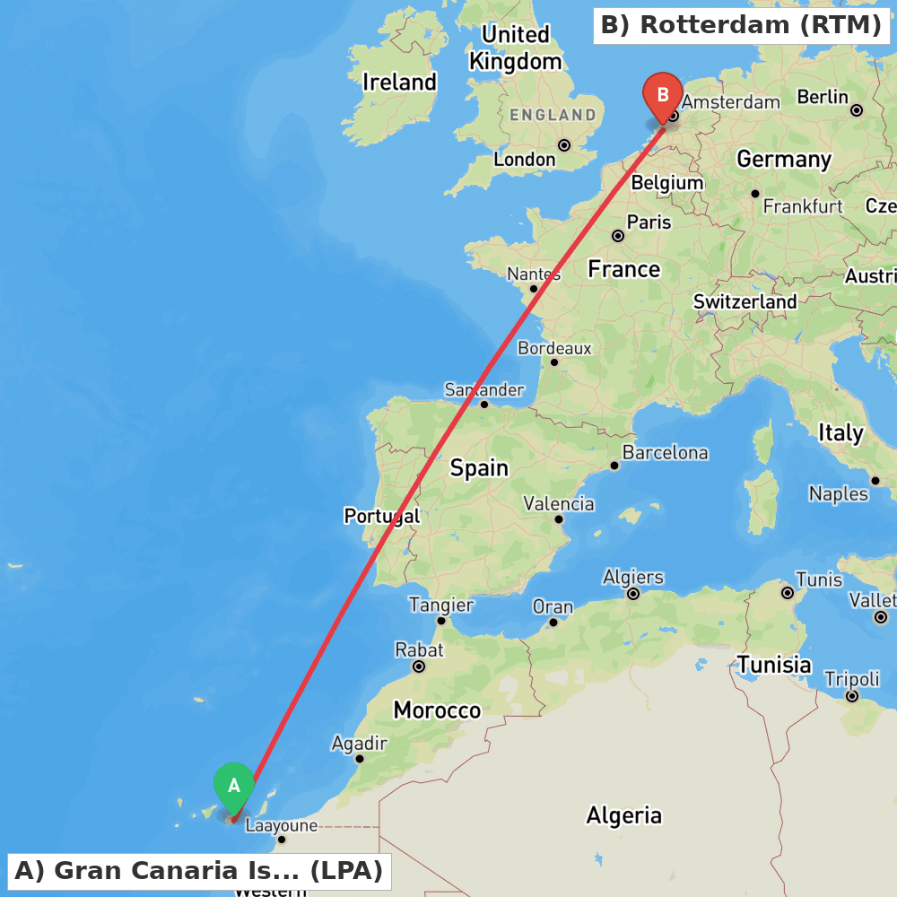 Flight route map from Gran Canaria Island to Rotterdam