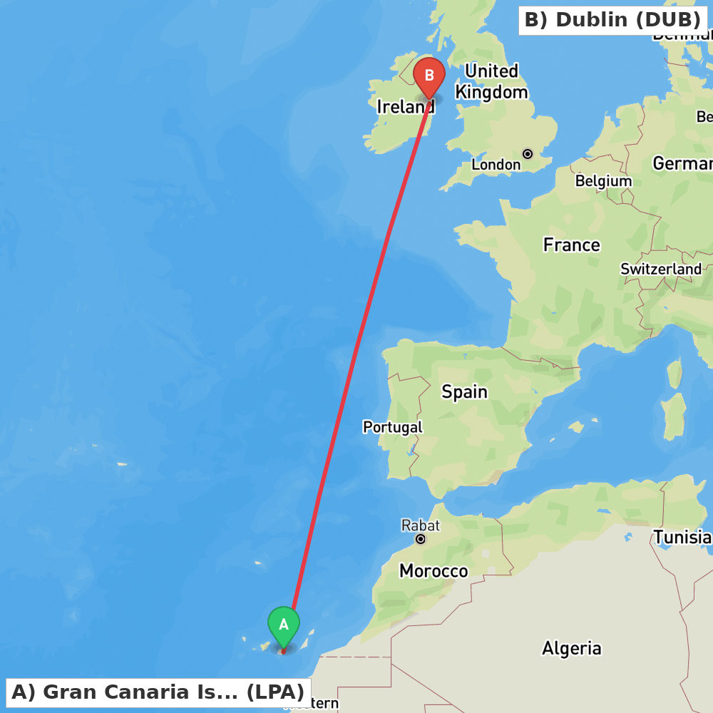 Flight route map from Gran Canaria Island to Dublin