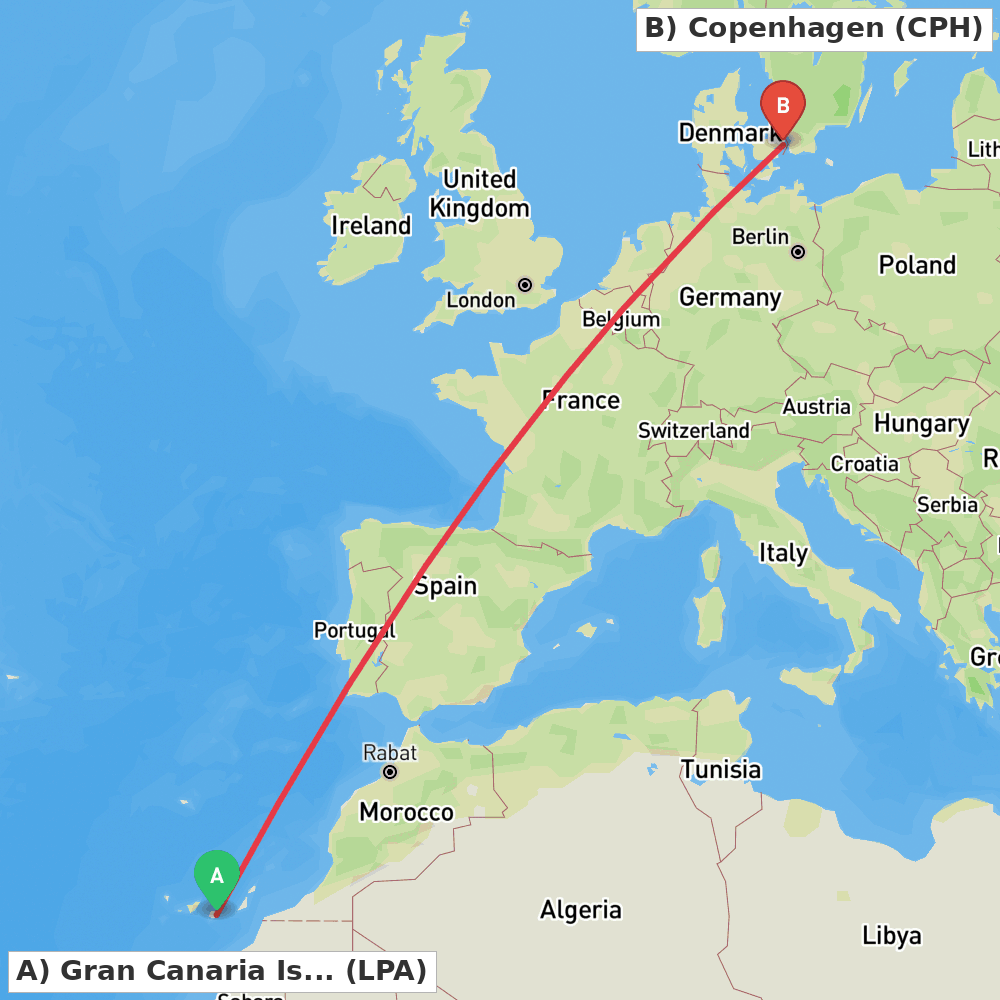 Flight route map from Gran Canaria Island to Copenhagen