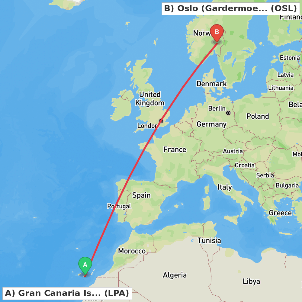 Flight route map from Gran Canaria Island to Oslo (Gardermoen)