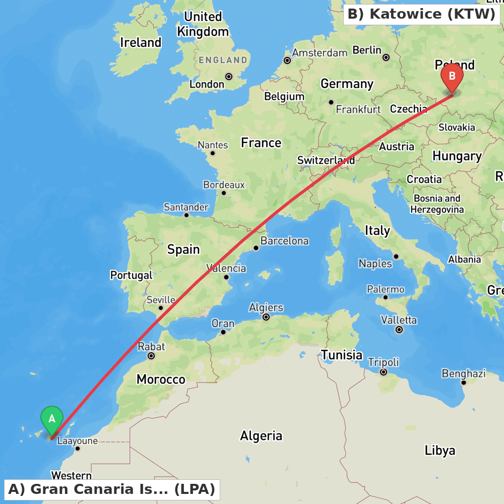 Flight route map from Gran Canaria Island to Katowice