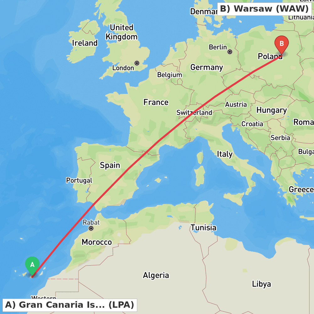 Flight route map from Gran Canaria Island to Warsaw