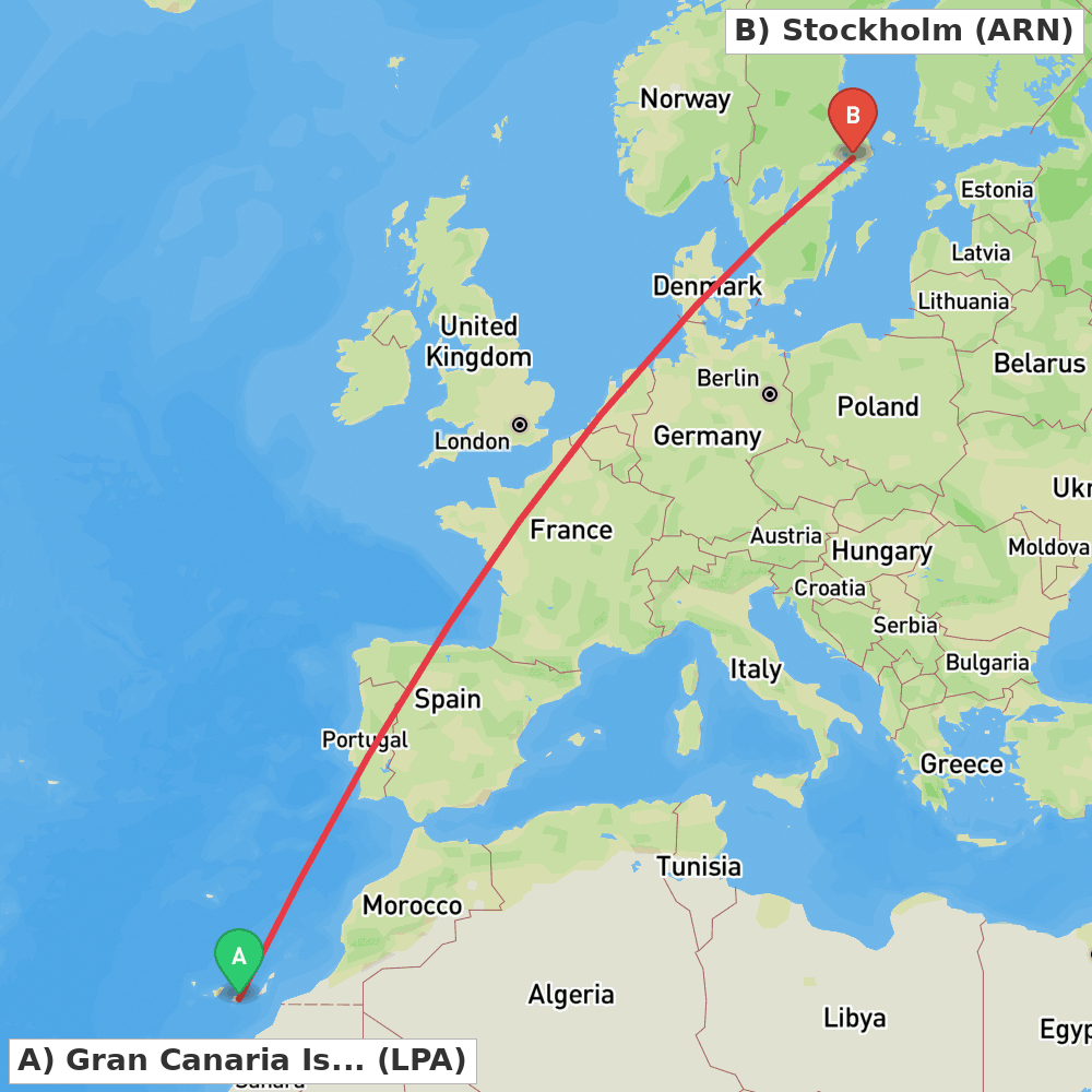 Flight route map from Gran Canaria Island to Stockholm