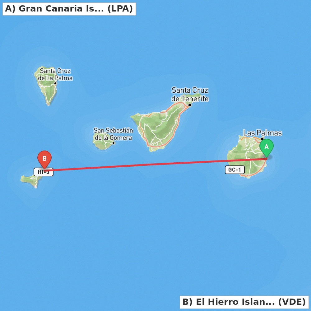 Flight route map from Gran Canaria Island to El Hierro Island