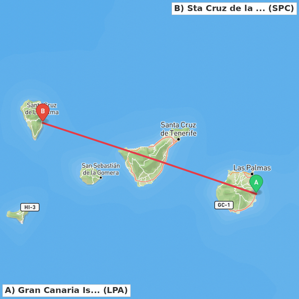 Flight route map from Gran Canaria Island to Sta Cruz de la Palma, La Palma Island