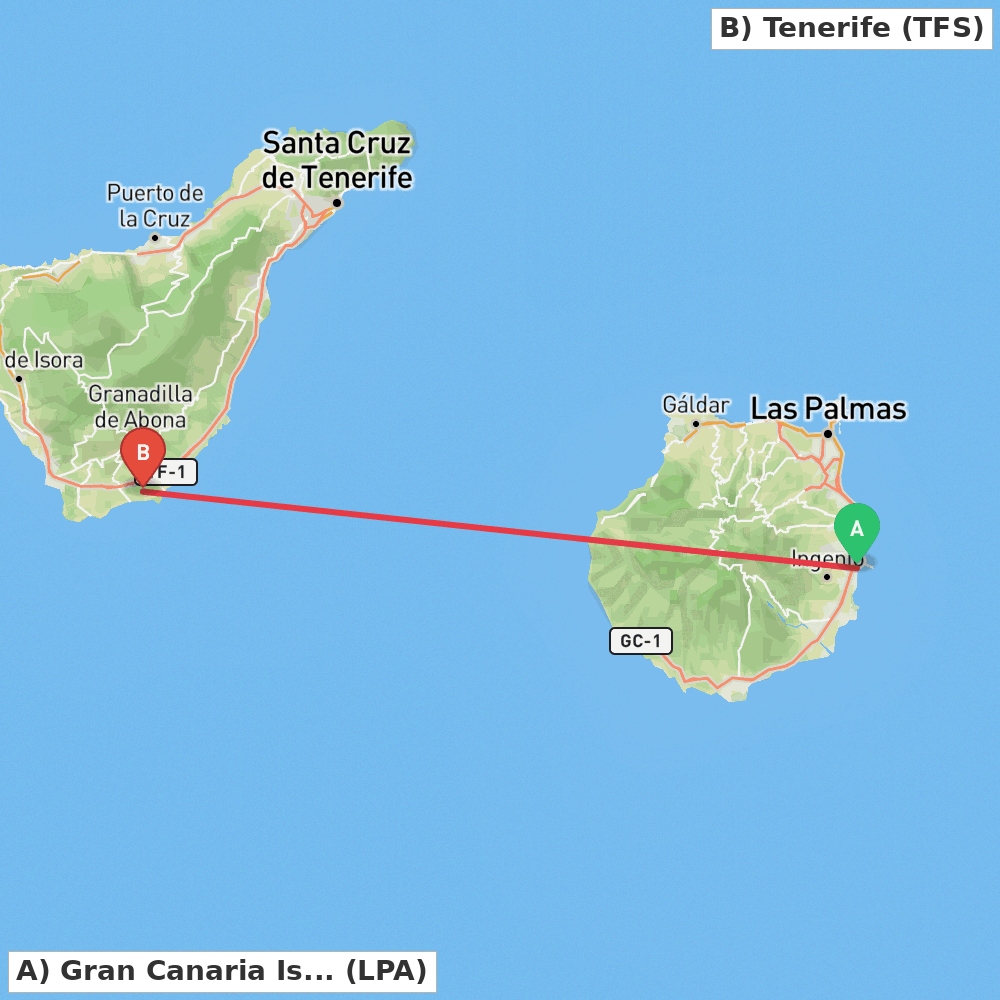 Flight route map from Gran Canaria Island to Tenerife