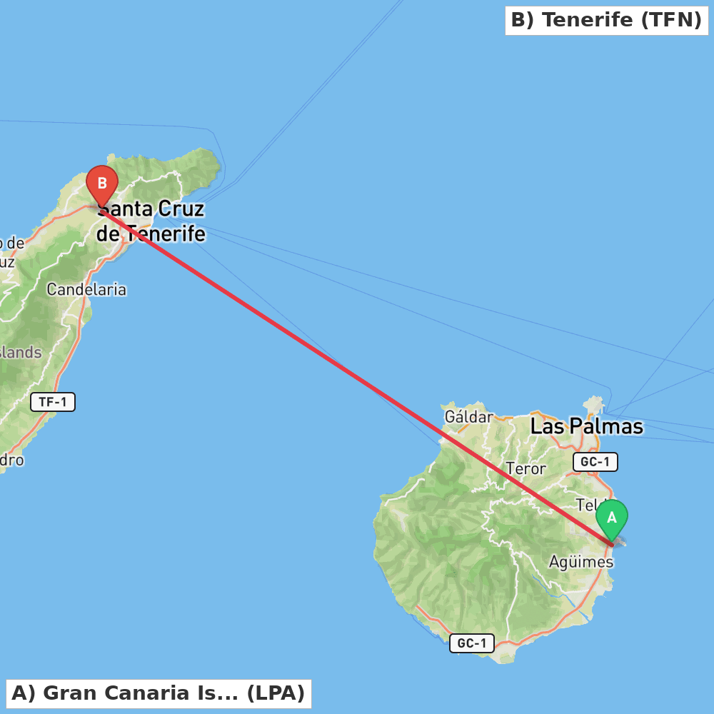 Flight route map from Gran Canaria Island to Tenerife