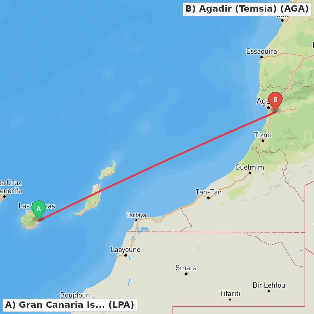 Flight route map from Gran Canaria Island to Agadir (Temsia)