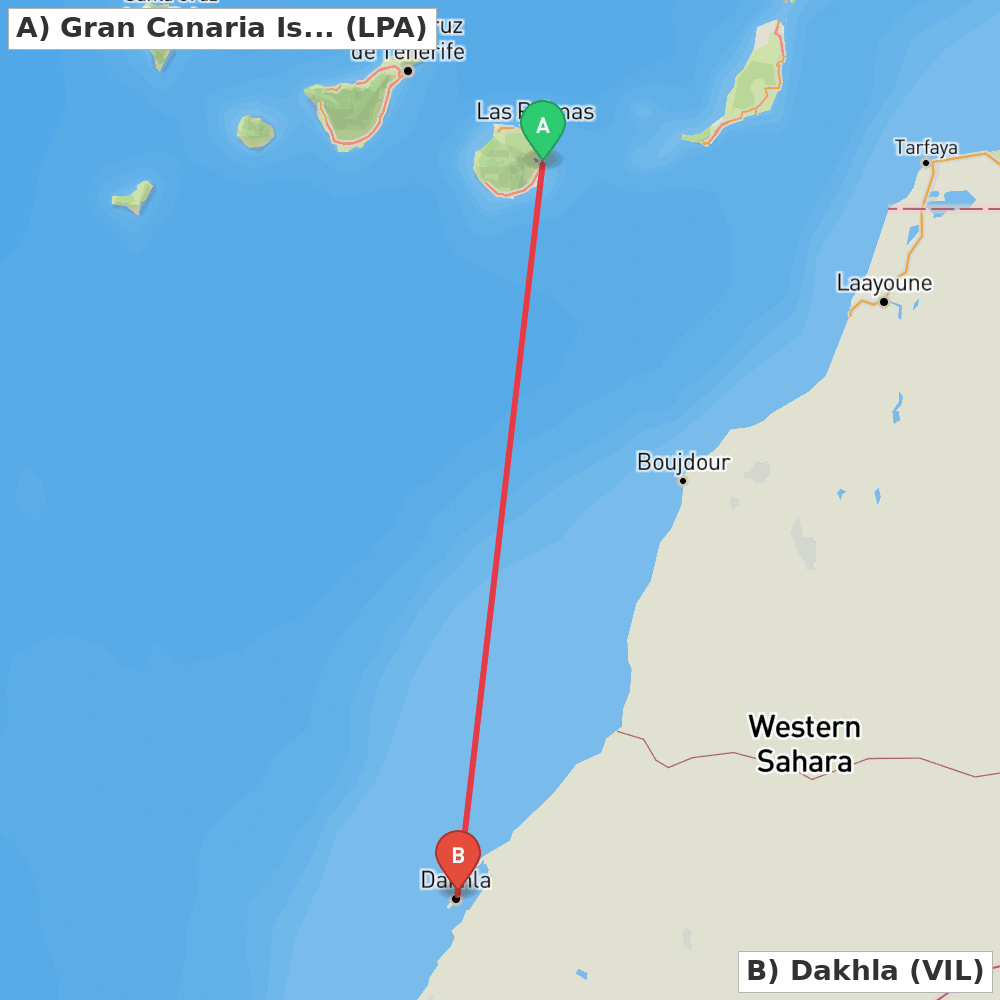 Flight route map from Gran Canaria Island to Dakhla