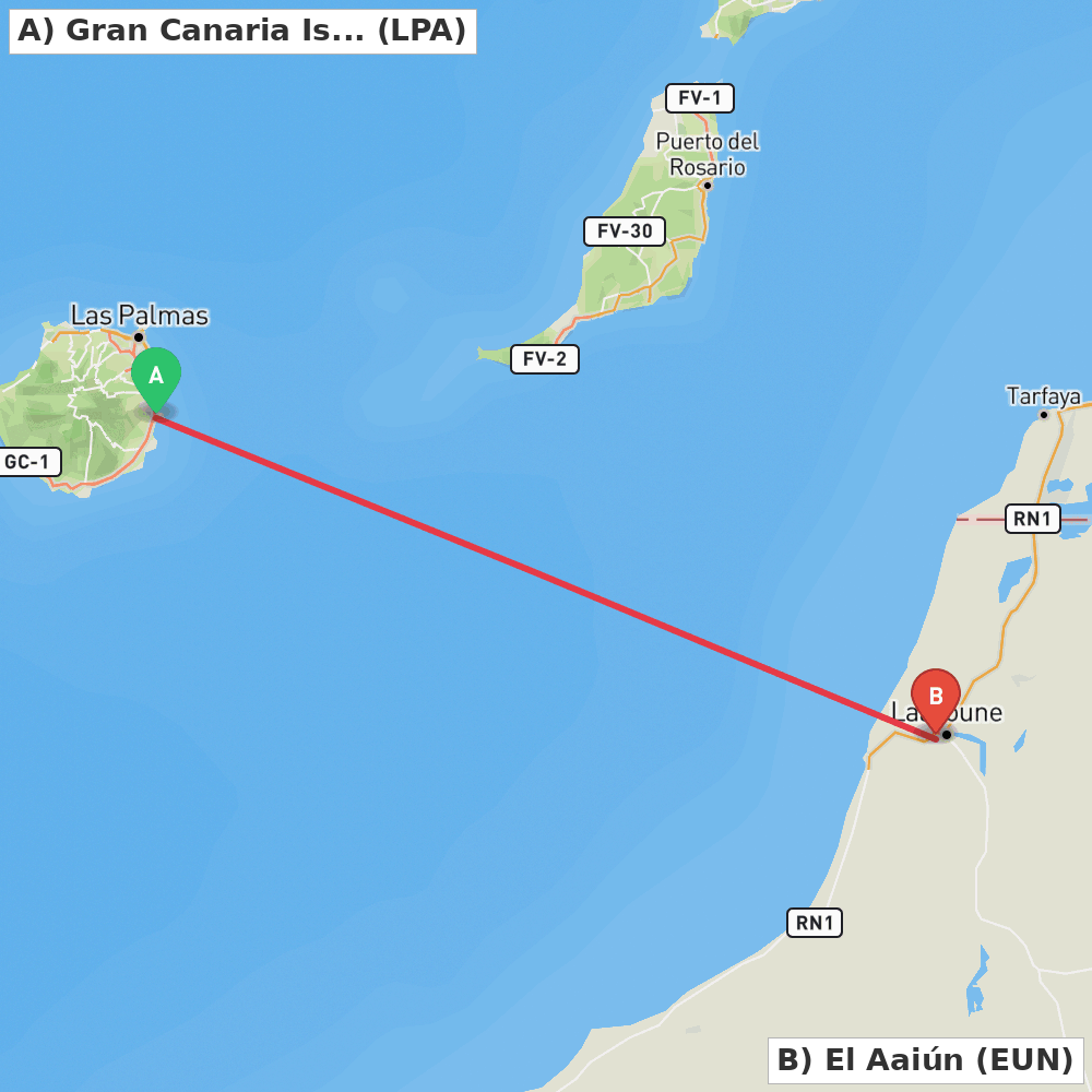 Flight route map from Gran Canaria Island to El Aaiún