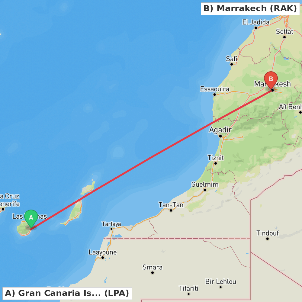 Flight route map from Gran Canaria Island to Marrakech