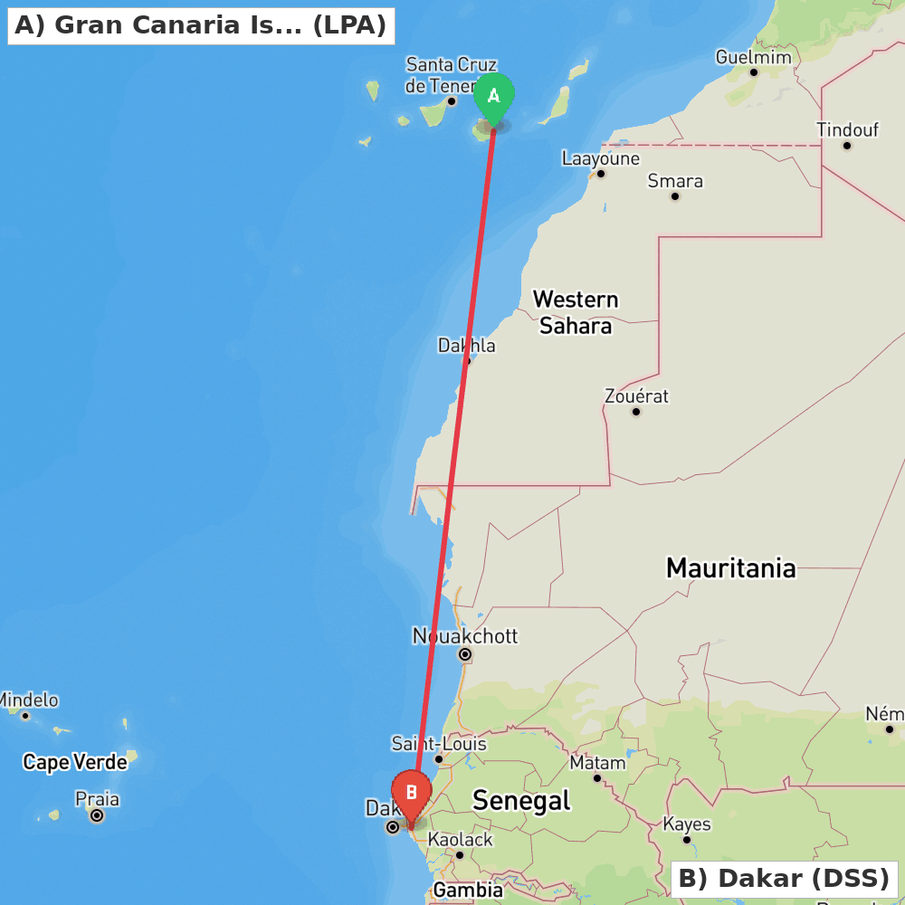 Flight route map from Gran Canaria Island to Dakar