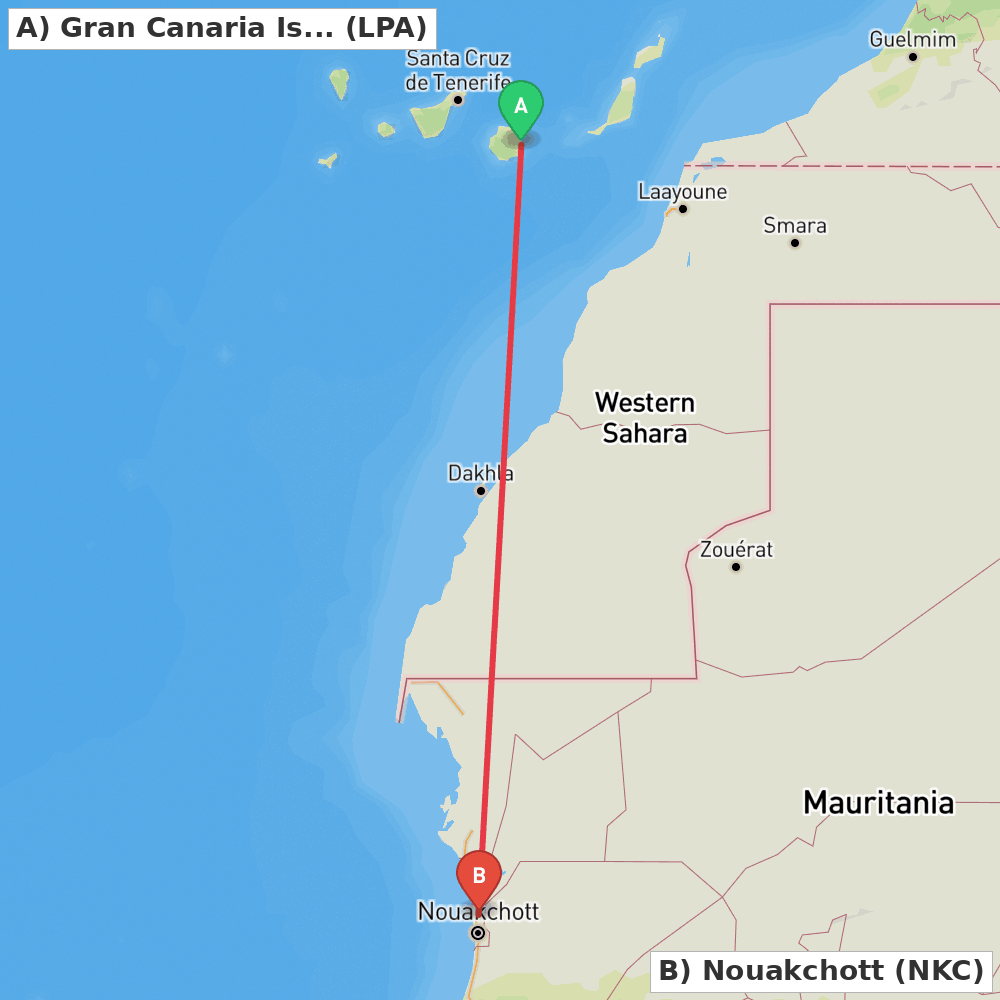 Flight route map from Gran Canaria Island to Nouakchott