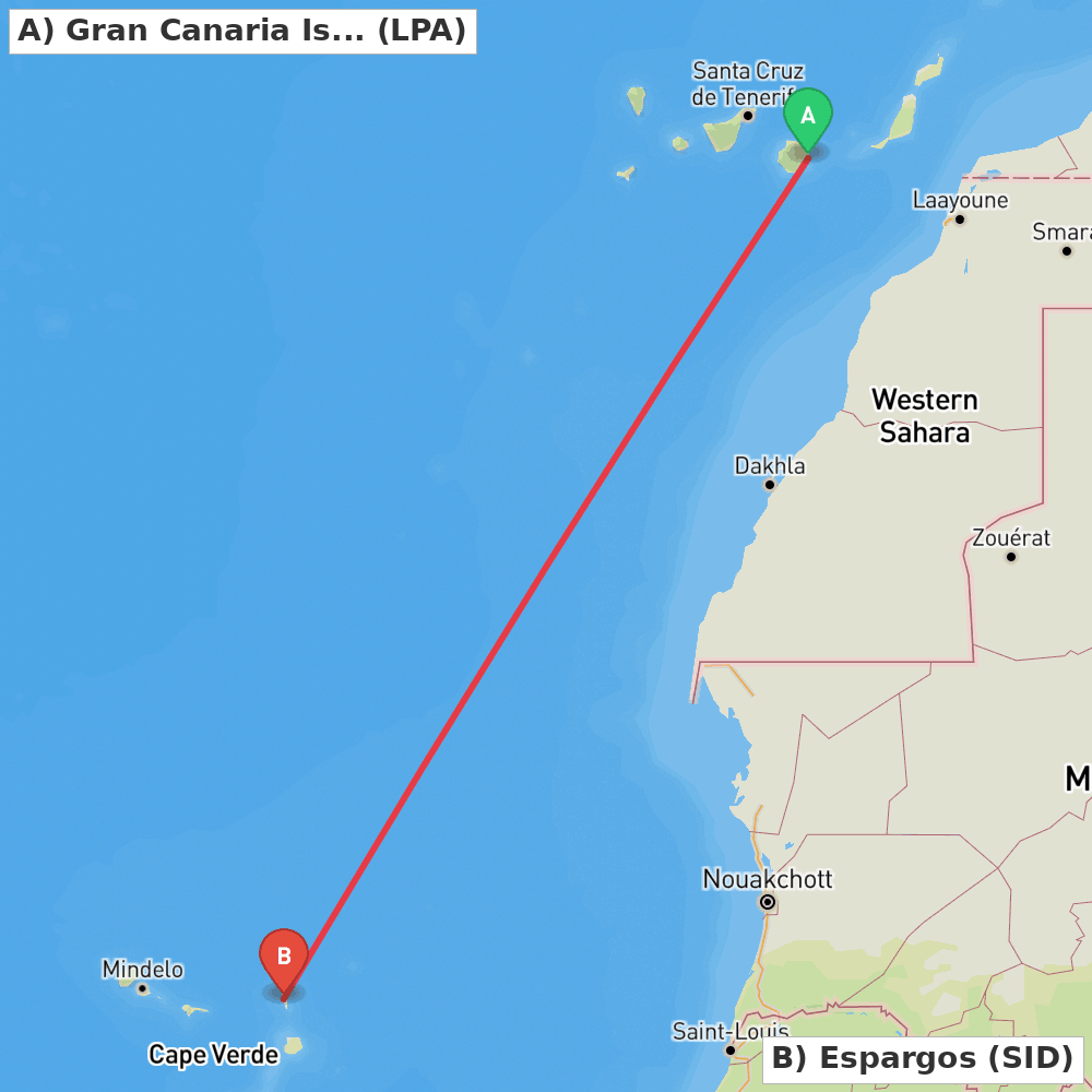 Flight route map from Gran Canaria Island to Espargos