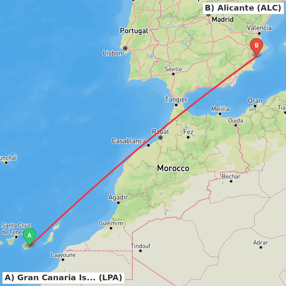 Flight route map from Gran Canaria Island to Alicante
