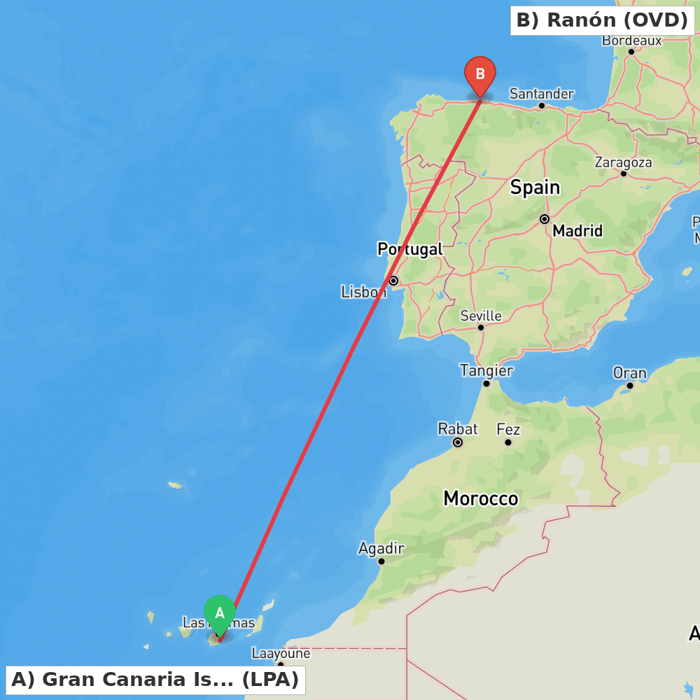 Flight route map from Gran Canaria Island to Ranón