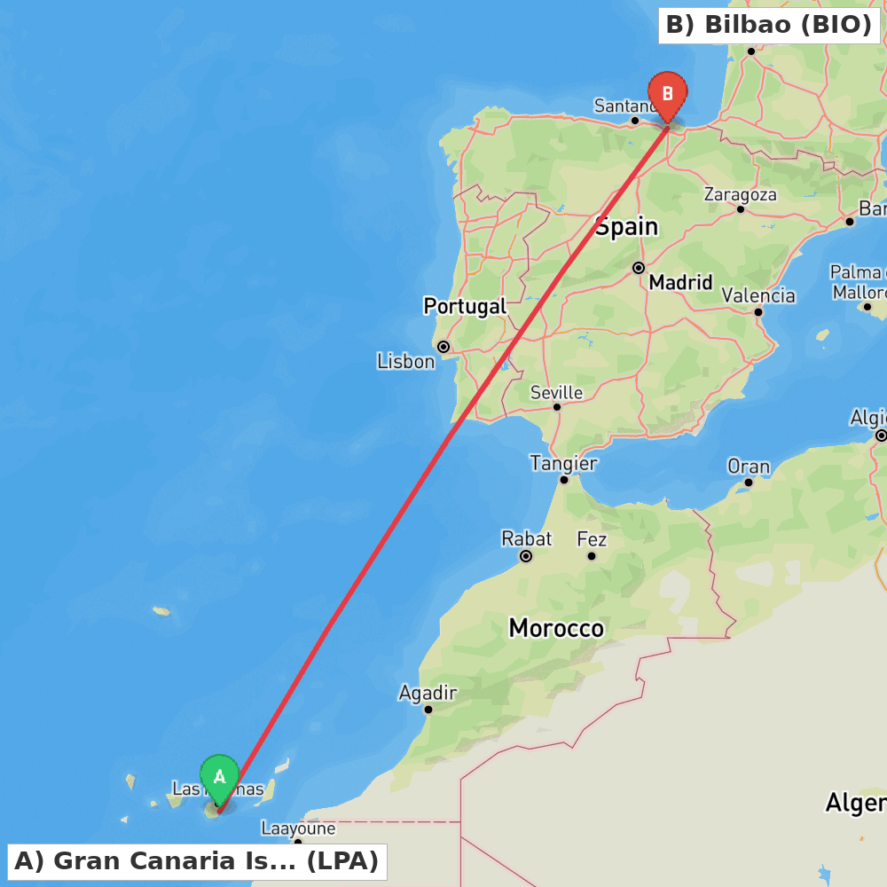 Flight route map from Gran Canaria Island to Bilbao