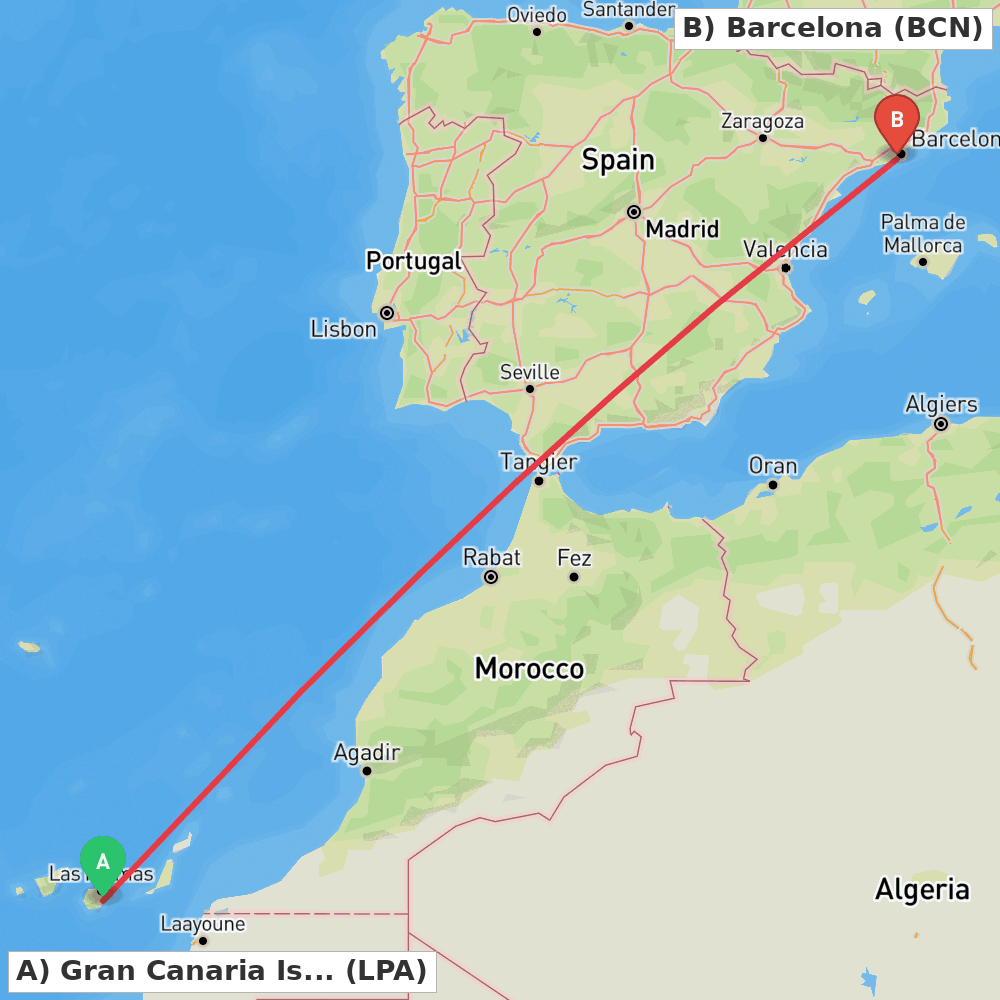 Flight route map from Gran Canaria Island to Barcelona