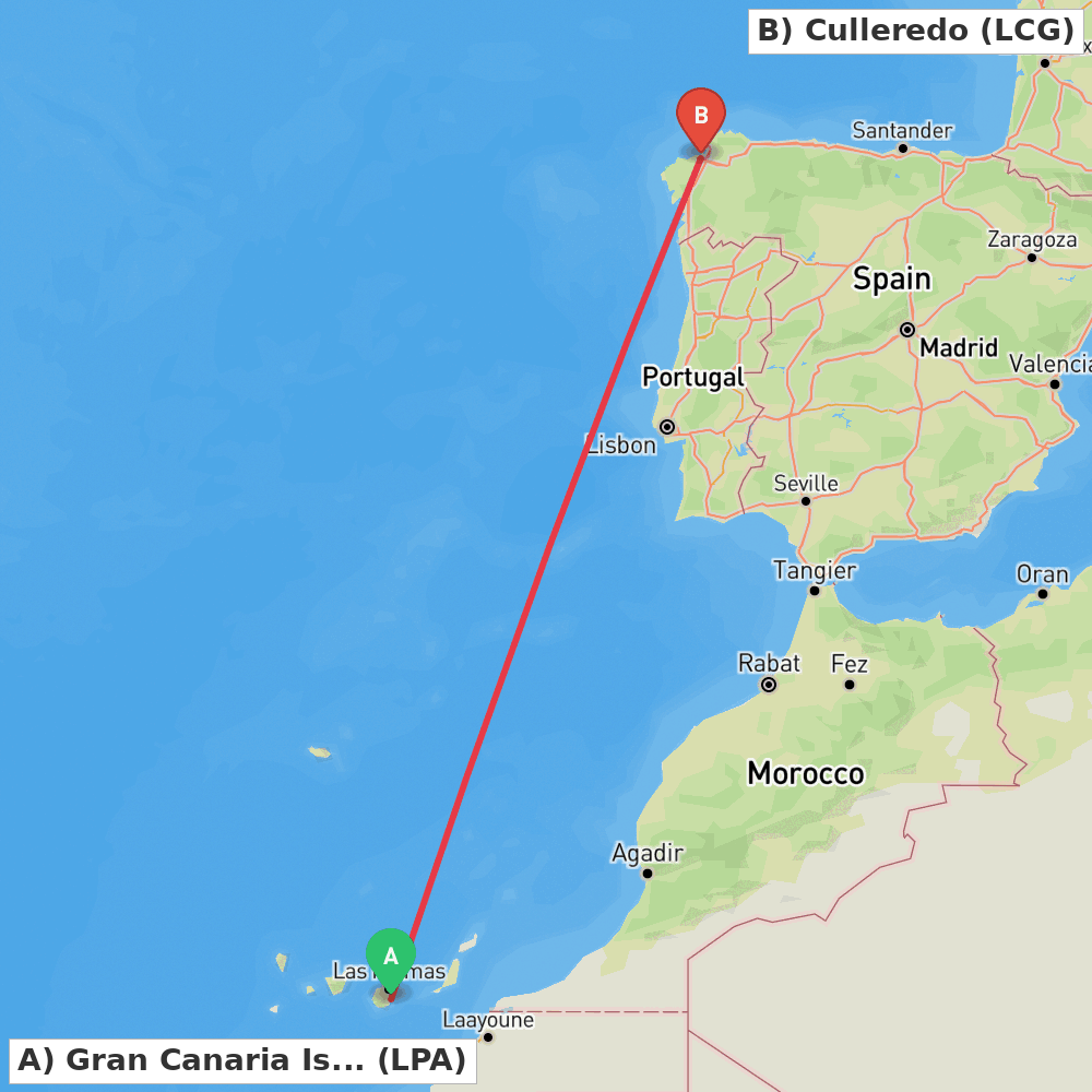 Flight route map from Gran Canaria Island to Culleredo