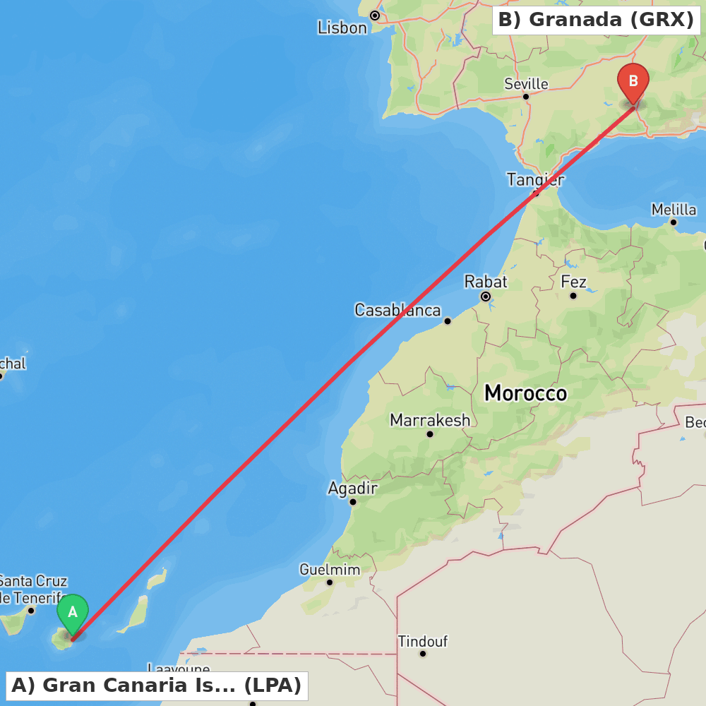 Flight route map from Gran Canaria Island to Granada
