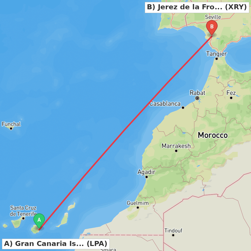 Flight route map from Gran Canaria Island to Jerez de la Frontera