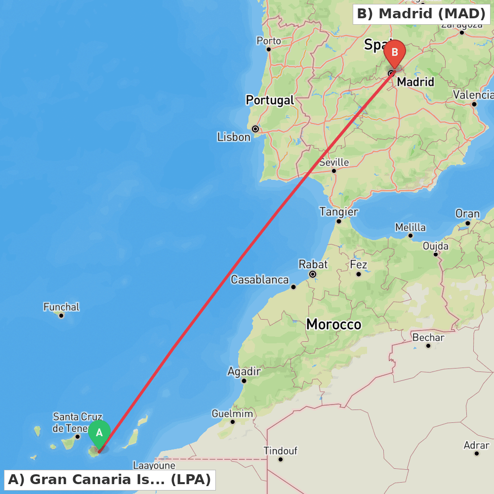 Flight route map from Gran Canaria Island to Madrid