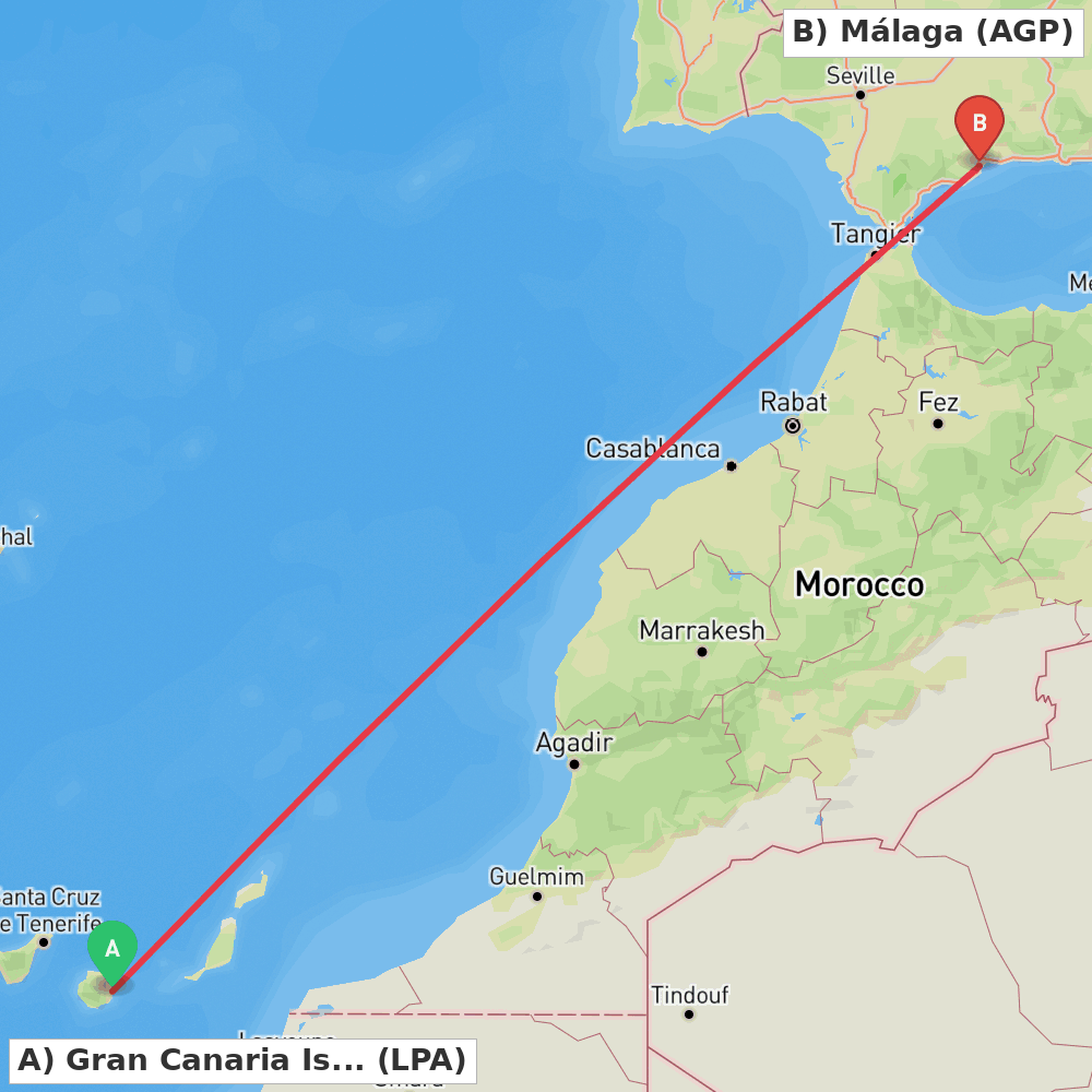 Flight route map from Gran Canaria Island to Málaga