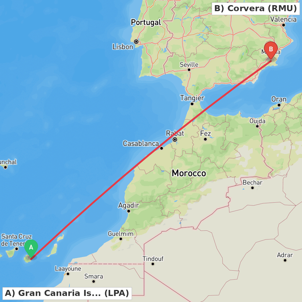 Flight route map from Gran Canaria Island to Corvera