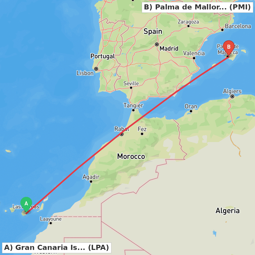 Flight route map from Gran Canaria Island to Palma de Mallorca