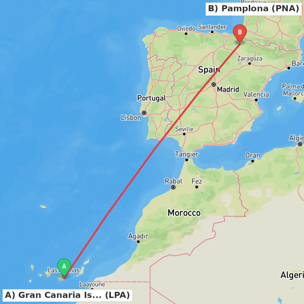 Flight route map from Gran Canaria Island to Pamplona