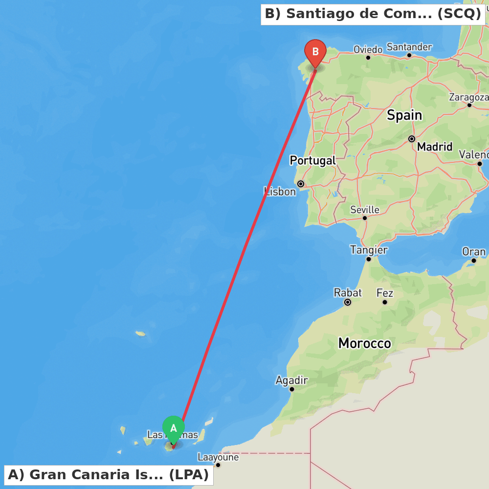 Flight route map from Gran Canaria Island to Santiago de Compostela