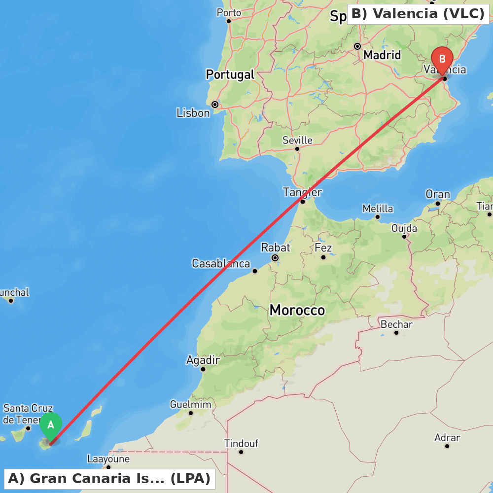 Flight route map from Gran Canaria Island to Valencia