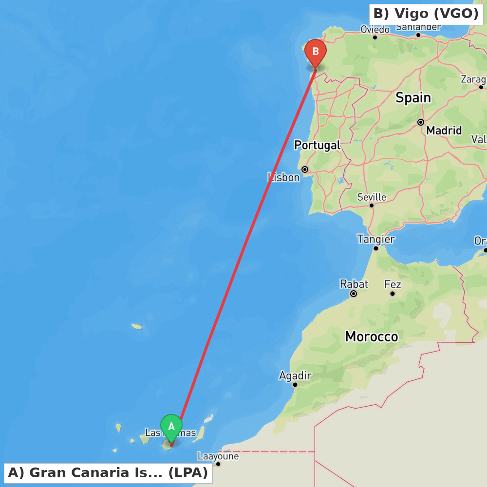 Flight route map from Gran Canaria Island to Vigo